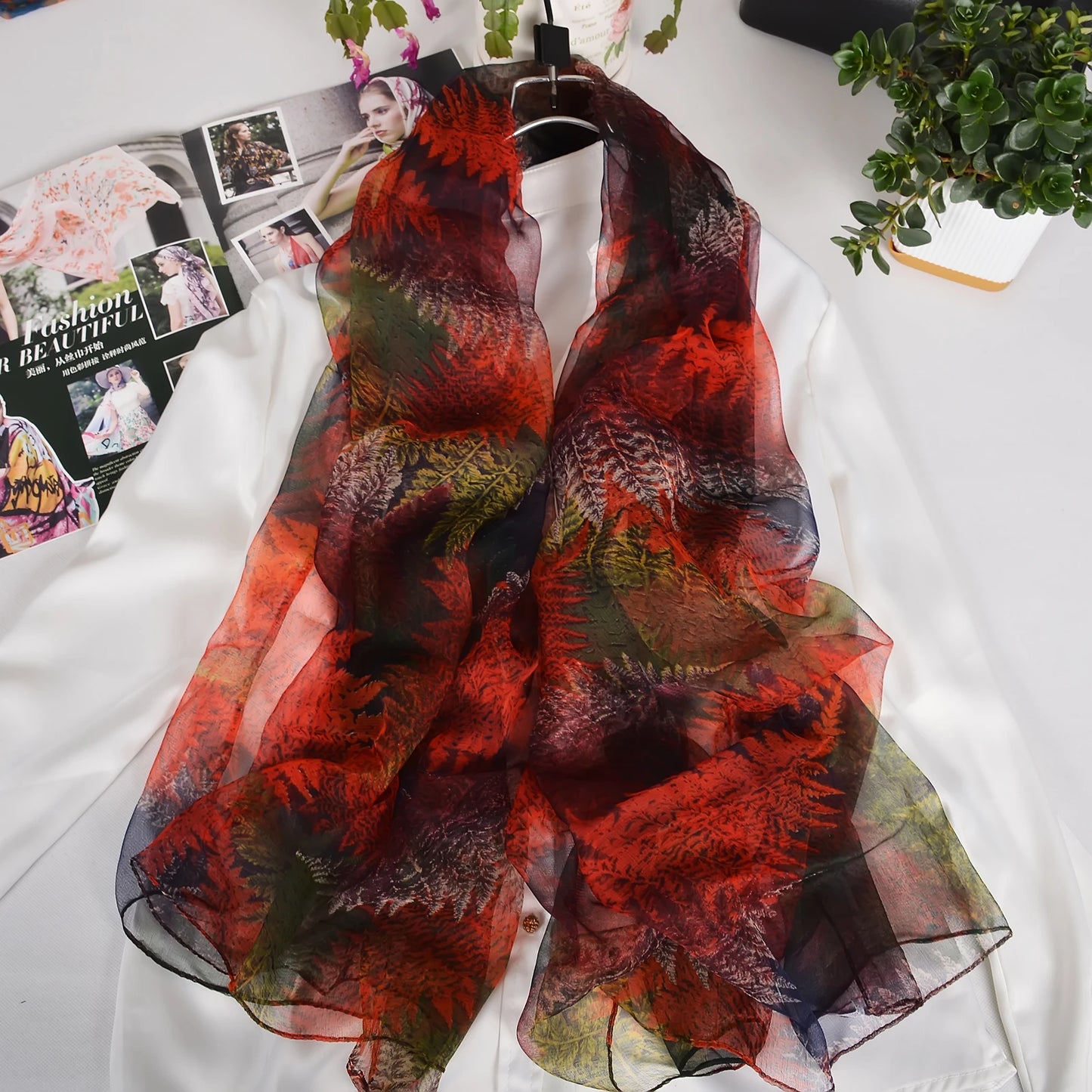 [BYSIFA] Red Black Women Long Silk Scarf Printed 170*105cm Fashion Leaves Pattern Brand 100% Pure Silk Shawl For Spring Autumn