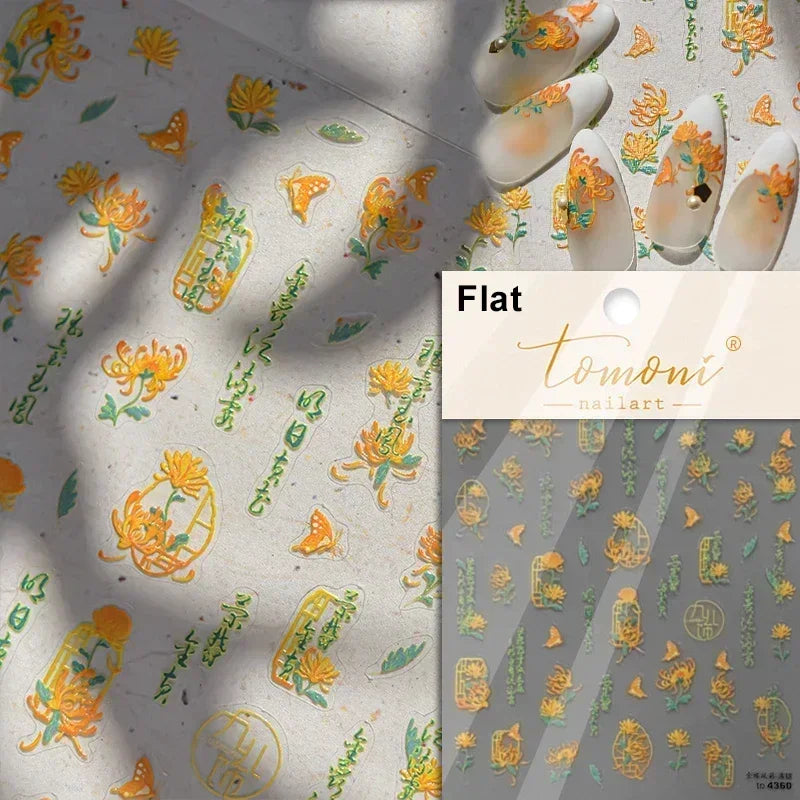 Yellow Autumn Osmanthus Flower Chrysanthemum Butterfly 5D Nail Art Sticker Chinese Character Vase Relief Adhesive Manicure Decal