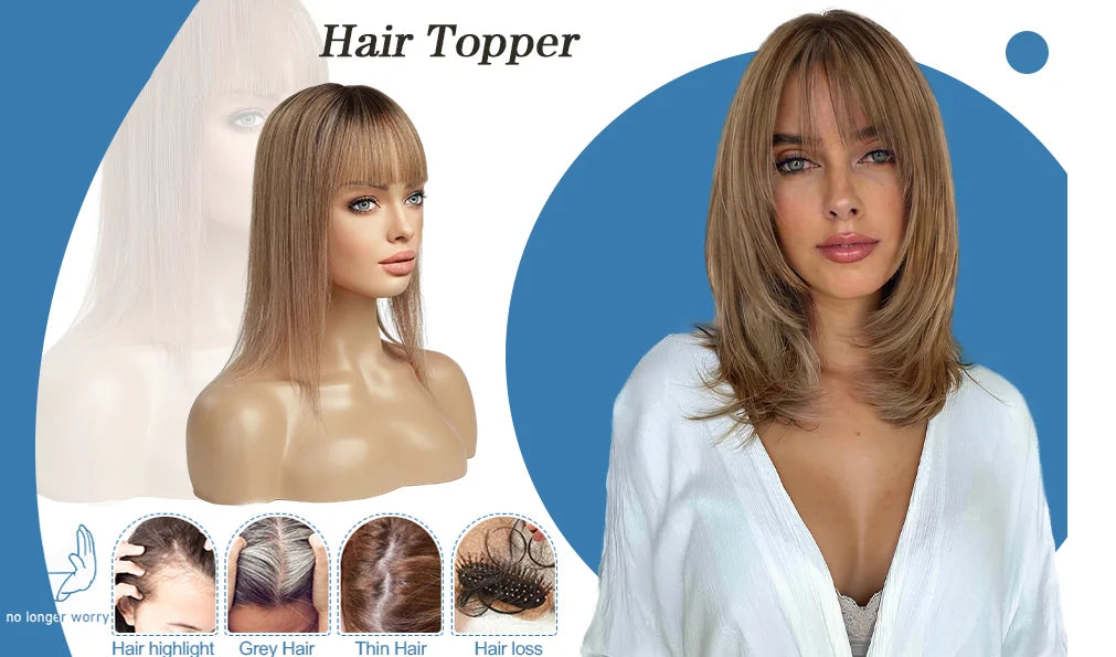 100% Remy Human Hair Toppers for Women Straight Brown Ombre 10inch Human Hair Topper with Bangs Silk Base Clip in Hair Extension