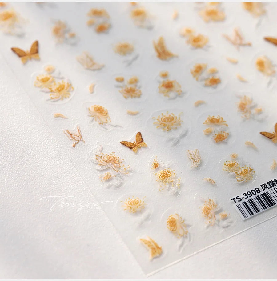 Yellow Autumn Osmanthus Flower Chrysanthemum Butterfly 5D Nail Art Sticker Chinese Character Vase Relief Adhesive Manicure Decal