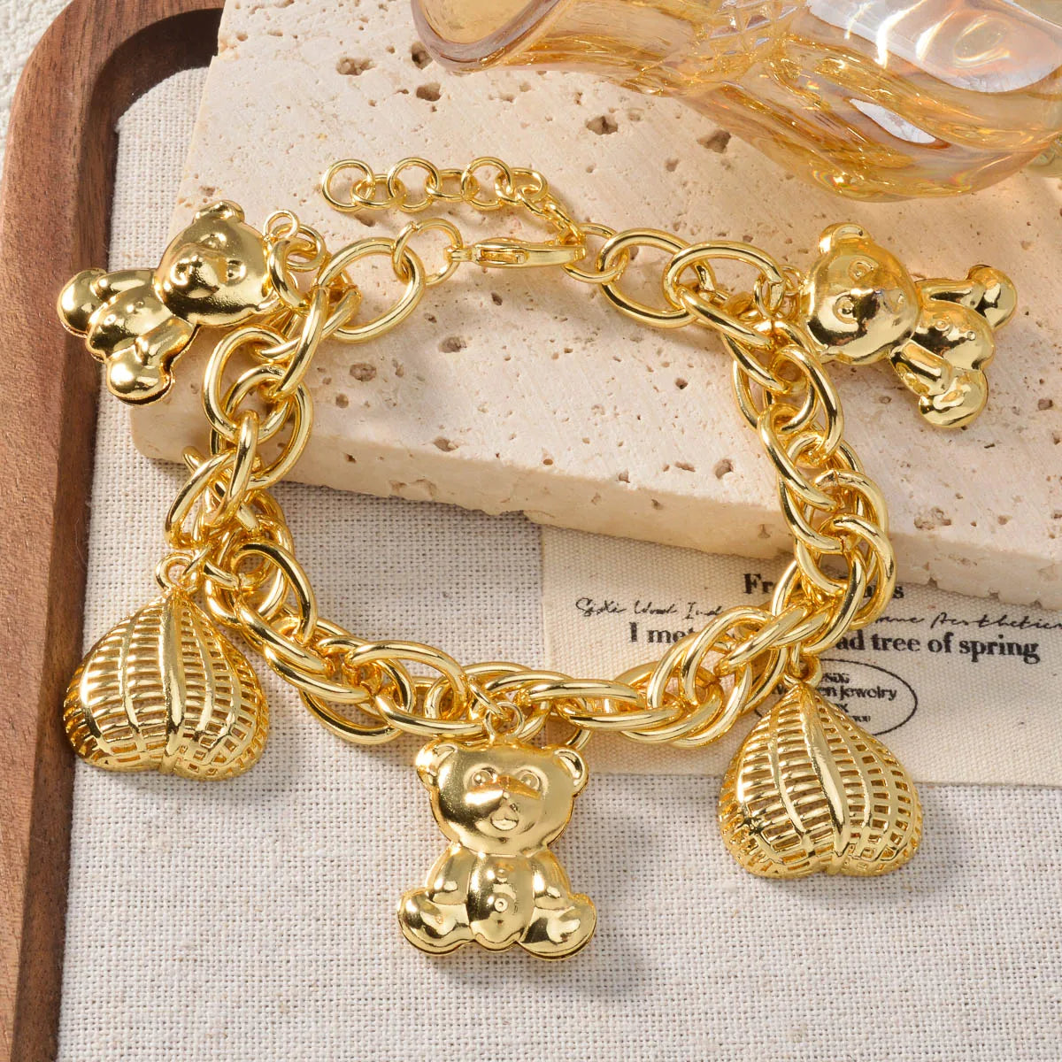 Cute Bear Heart Lock Matching Bracelets Set for Girls Teens Gold Plated Adjustable Bangle Best Friend Gift for Party
