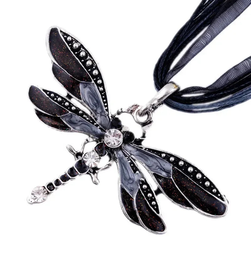 Fashion Crystal Dragonfly Pendant Necklaces for Women Vintage Insect Multi Layers Rope Necklace Jewelry Thanksgiving Gift