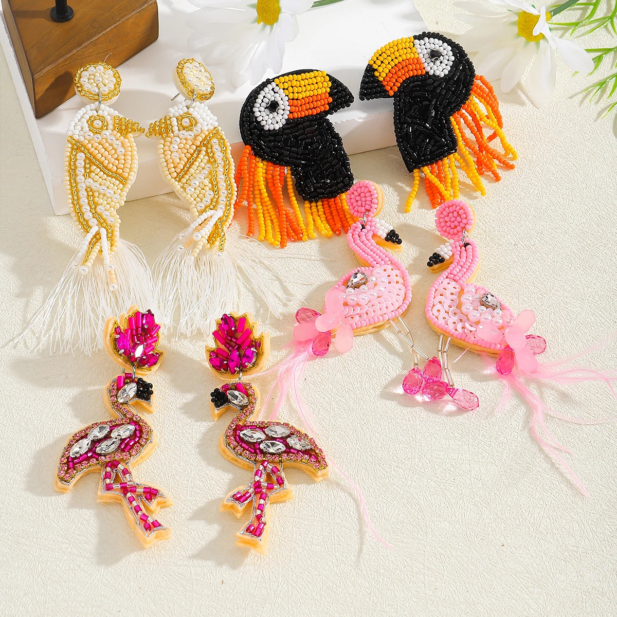ZAA Exaggerated Rice Beads Bird Dangle Earrings For Women Bohemia Handmade Beaded Tassel Charm Earrings Orange Halloween Jewelry