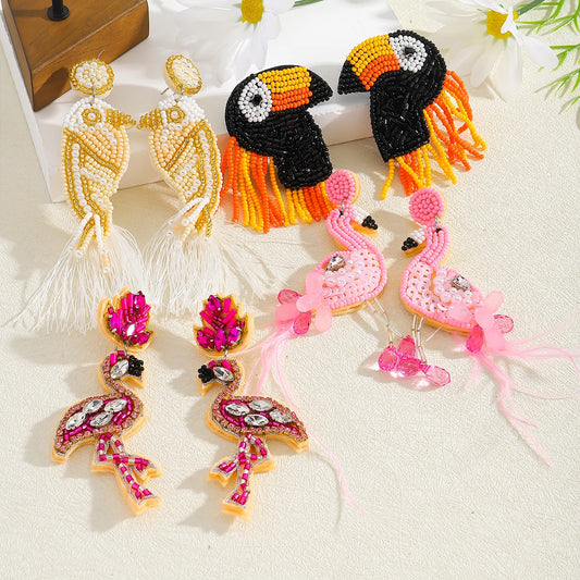 ZAA Exaggerated Rice Beads Bird Dangle Earrings For Women Bohemia Handmade Beaded Tassel Charm Earrings Orange Halloween Jewelry
