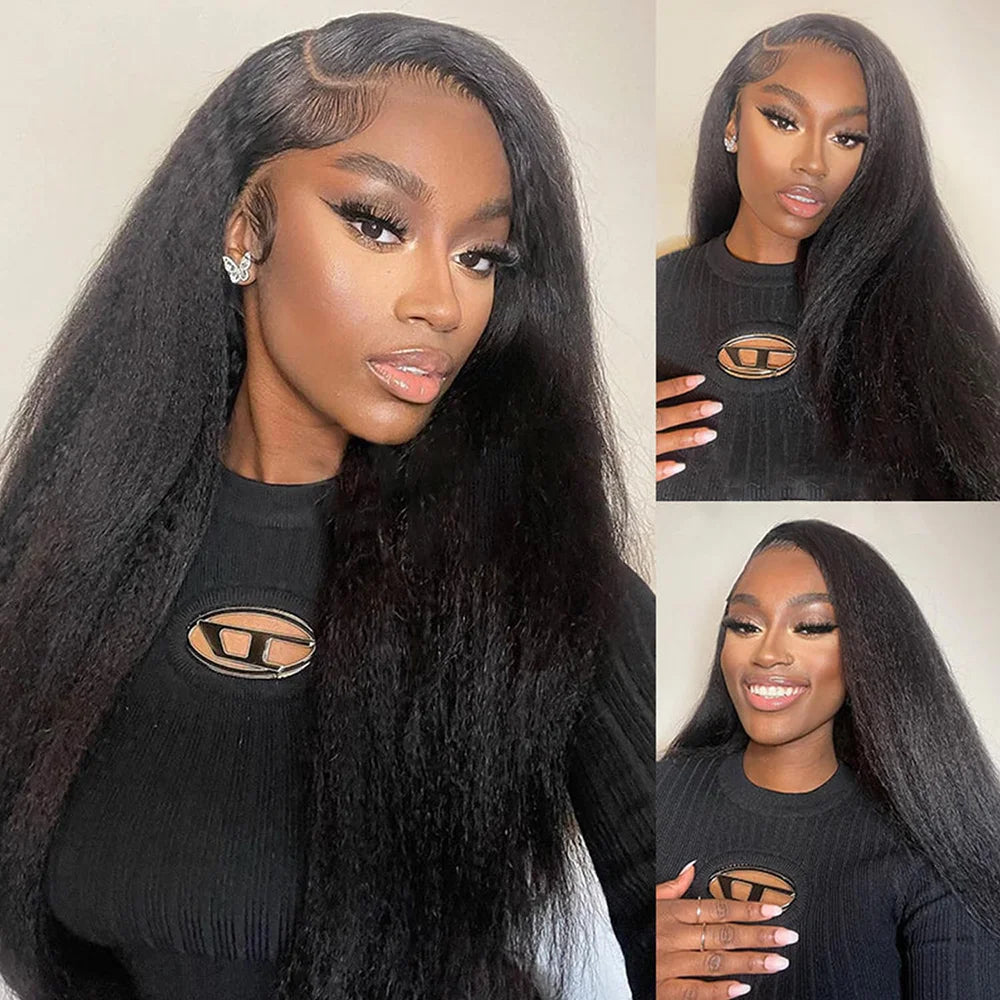 Kinky Straight Human hair Wig 13X6 Transparent Lace Front Wigs Yaki Straight 180% Density Natural Black