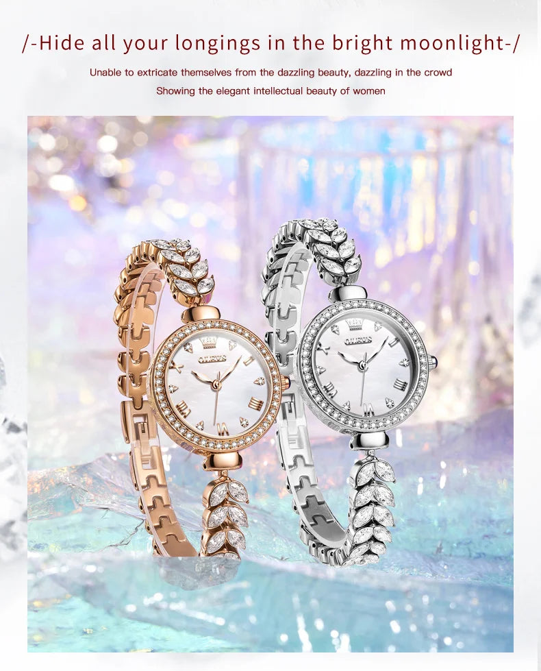 OLEVS 9971 Diamond Fishbone Women  Watch Luxury Brand Quartz Watch Elegant Bracelet Set Gift Box Waterproof HD Dial Women Watch