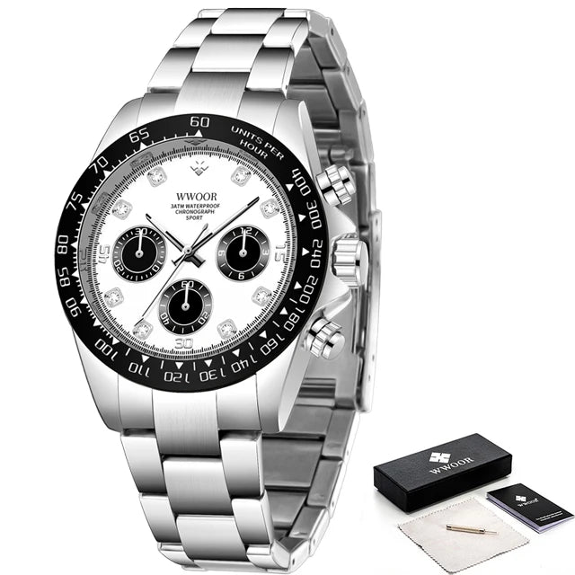 WWOOR 2024 New Mens Watches Top Brand Quartz Japanese Chronograph Stopwatch Waterproof Stainless Wristwatches Relogio Masculino