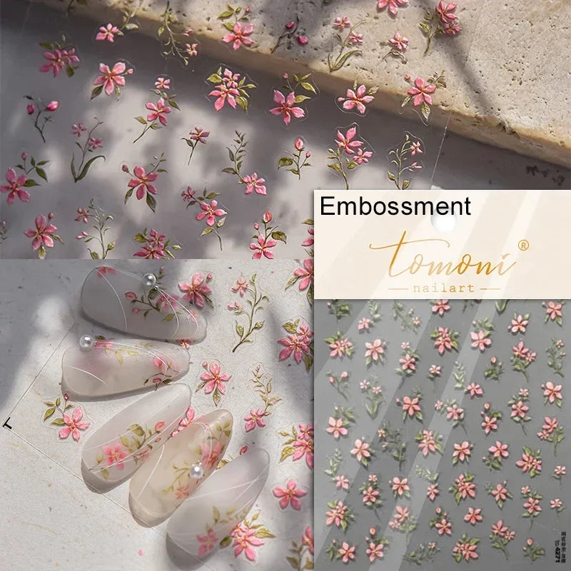 Yellow Autumn Osmanthus Flower Chrysanthemum Butterfly 5D Nail Art Sticker Chinese Character Vase Relief Adhesive Manicure Decal