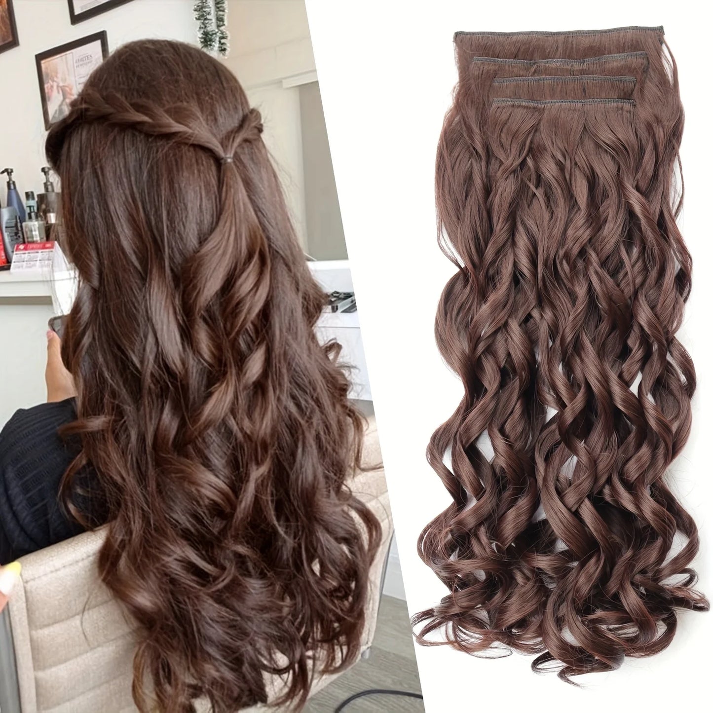 4PCS Clip-In Hair Extensions 20 Inch - Bouncy Wavy Dark Brown Hairpiece