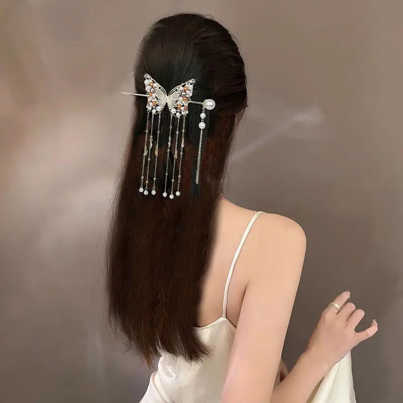Luxury Pearl Butterfly Hairpin - Colored Alloy Hair Clip with Tassels