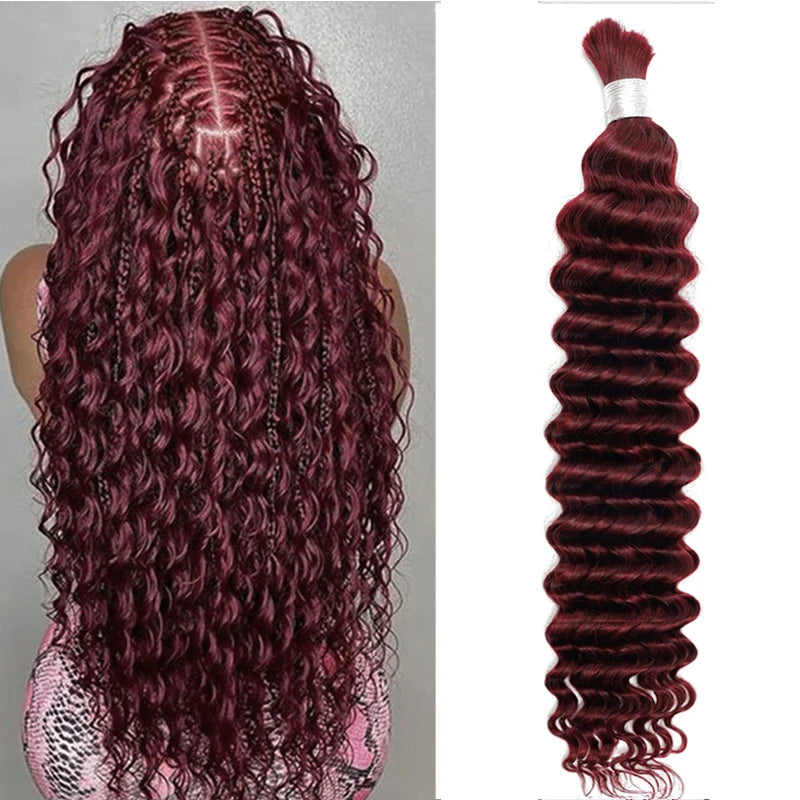 #99j Burgundy Human Hair Bulk for Braiding 16-24 inch Dark Wine Deep Wave Jerry Curly Boho Braids Hair Bulk Extension Bobbi Hair