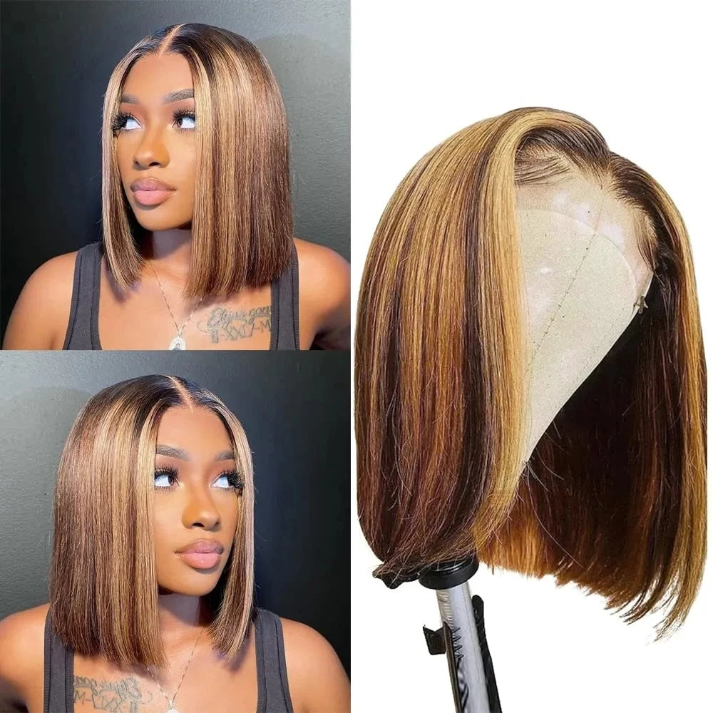 Highlight P4/27 Bob Wigs Brazilian Straight 13x4 T Lace Front Bob Wig Sleek Remy Human Hair Wigs 220% Density Orange Color