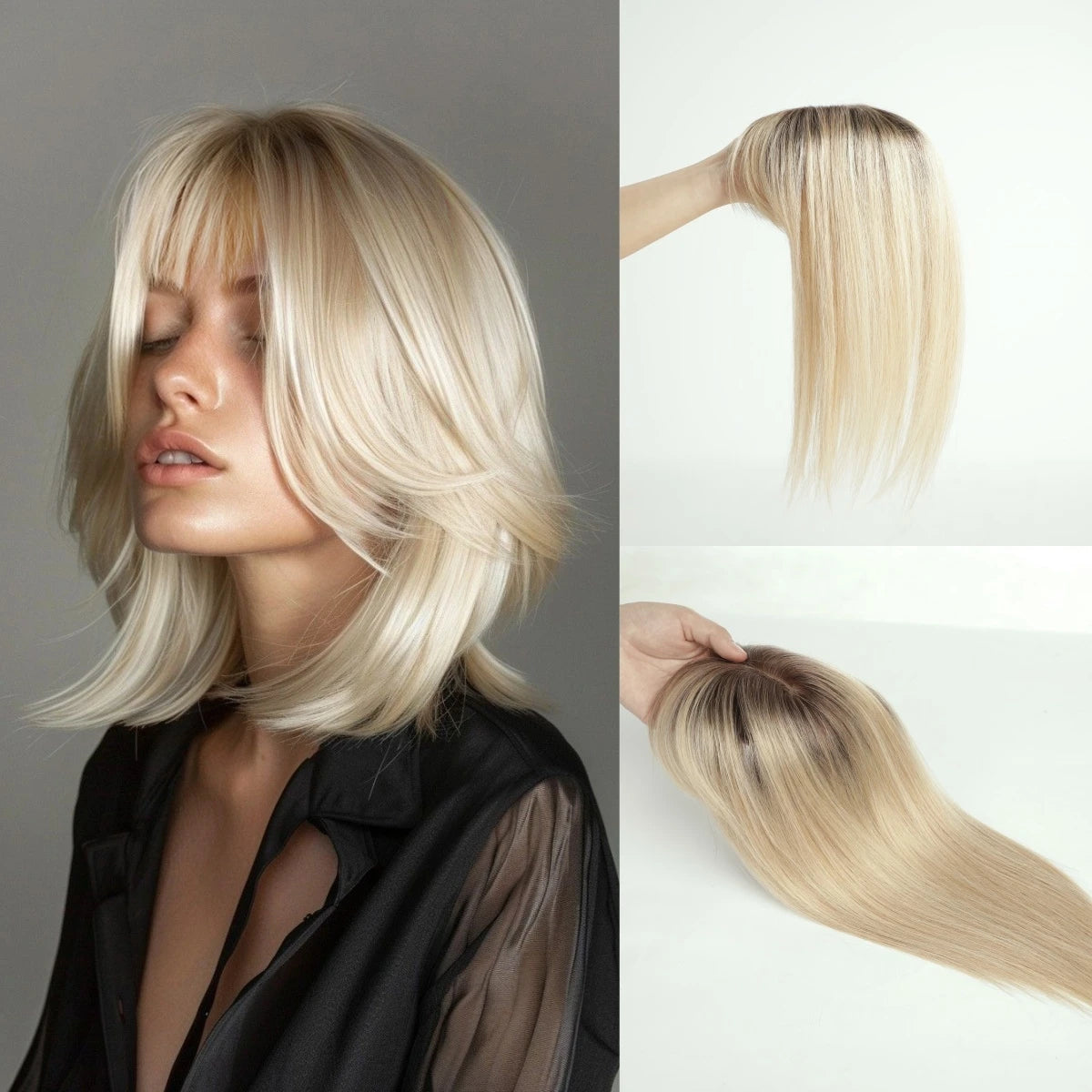 Brown Blonde Ombre 14 Inch Silk Base Human Hair Topper Remy Hair Clip In Top Piece for Women with Bangs Extensions for Thinning