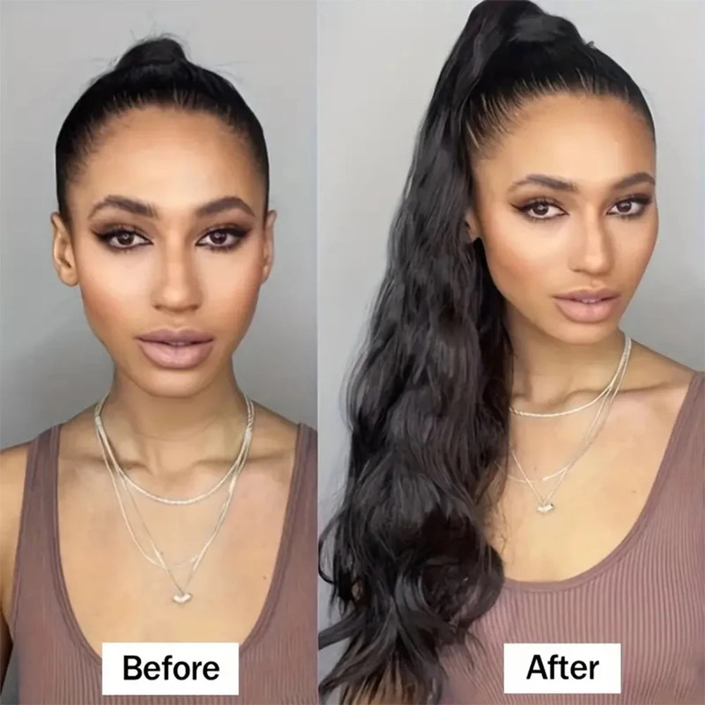 Body Wave Ponytail Extensions For Women 100% Real Human HairNatural Black Clip in Drawstring Ponytail Hair Extensions 10-26 Inch