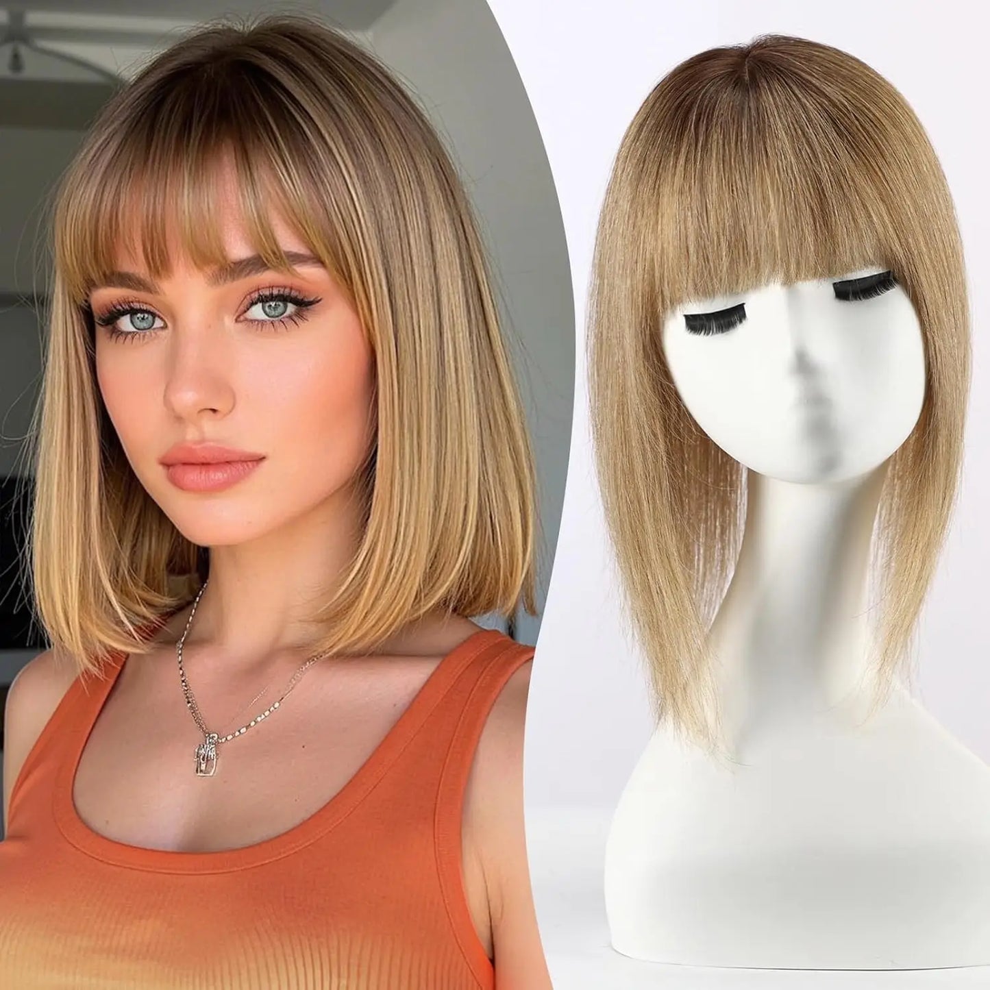Brown Mixed Blonde Human Hair Topper with Bangs Natural Silk Straight Clip in Hair Extensions for Women with Thinning Hair 12 In