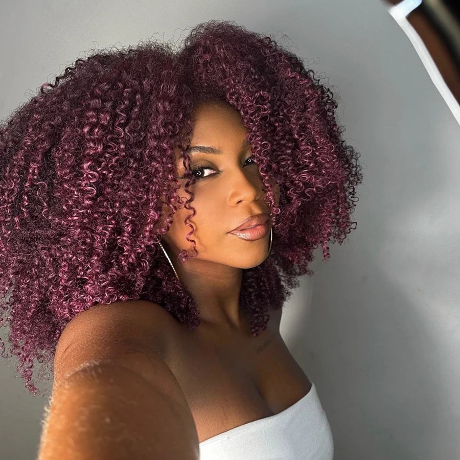 99J Short Afro Kinky Curly Bob with Bangs - Burgundy Glueless Human Hair
