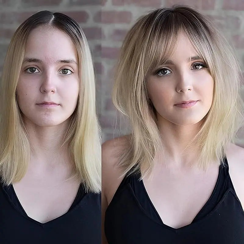 Brown Blonde Ombre 14 Inch Silk Base Human Hair Topper Remy Hair Clip In Top Piece for Women with Bangs Extensions for Thinning