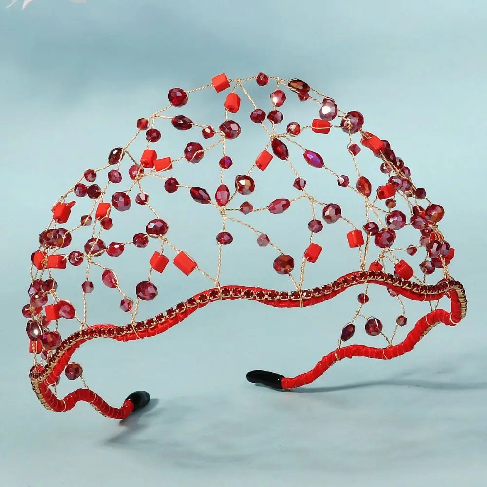 Handmade Crystal Beads Hair Net Crown Wedding Headpieces Hair Jewelry Sparkling Rhinestone Tiara Hair Hoop Elegant Headbands