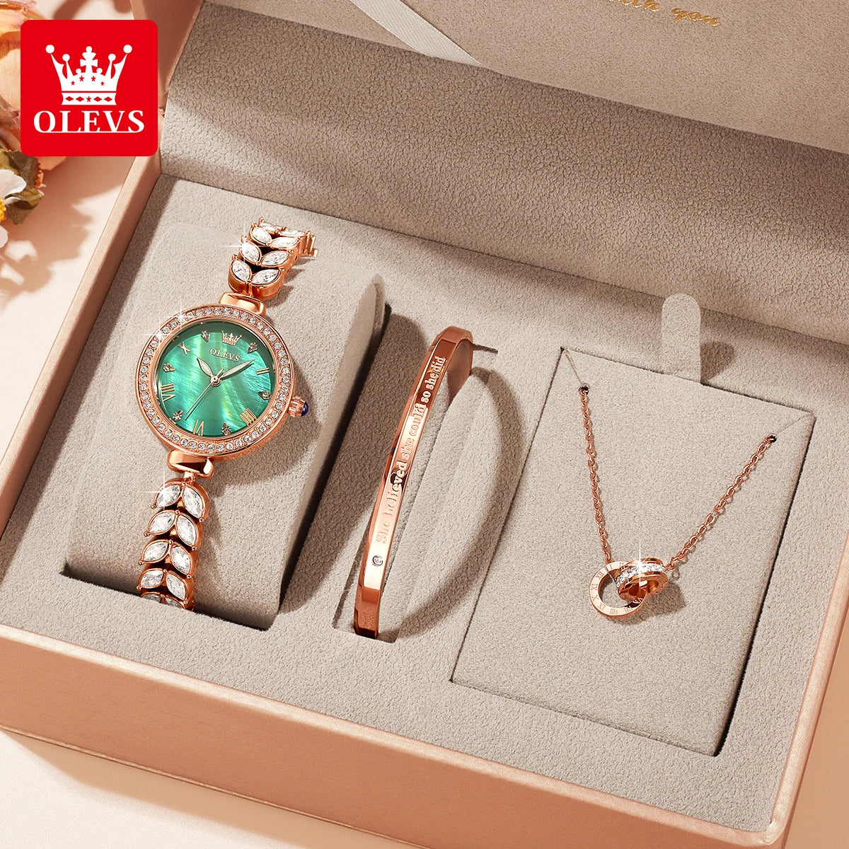 OLEVS 9971 Diamond Fishbone Women  Watch Luxury Brand Quartz Watch Elegant Bracelet Set Gift Box Waterproof HD Dial Women Watch