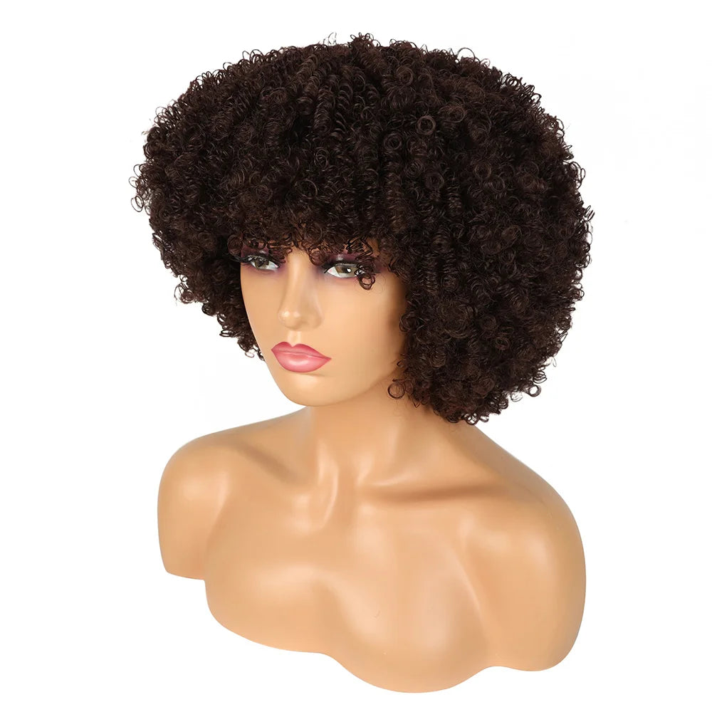 Short Afro Curly Wig with Bangs - Synthetic Natural Curly for Women