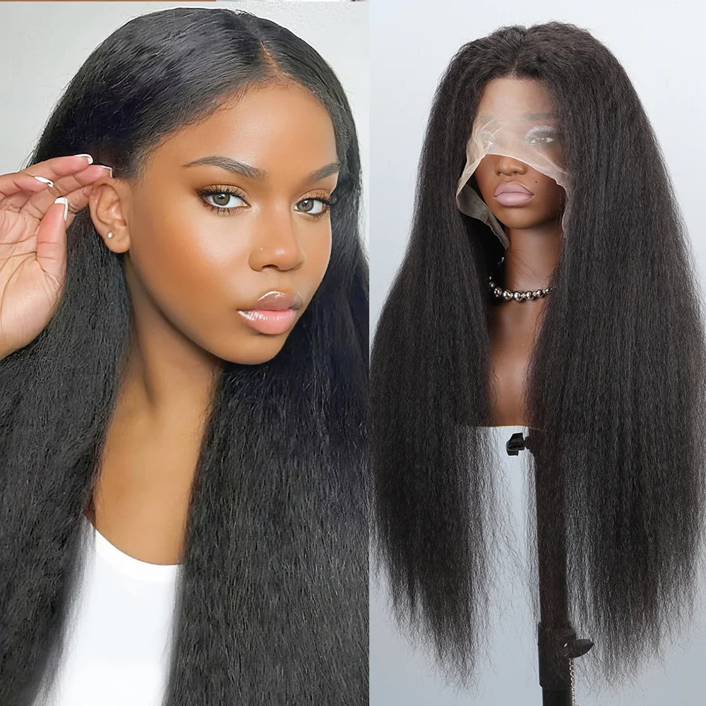 Kinky Straight Human hair Wig 13X6 Transparent Lace Front Wigs Yaki Straight 180% Density Natural Black