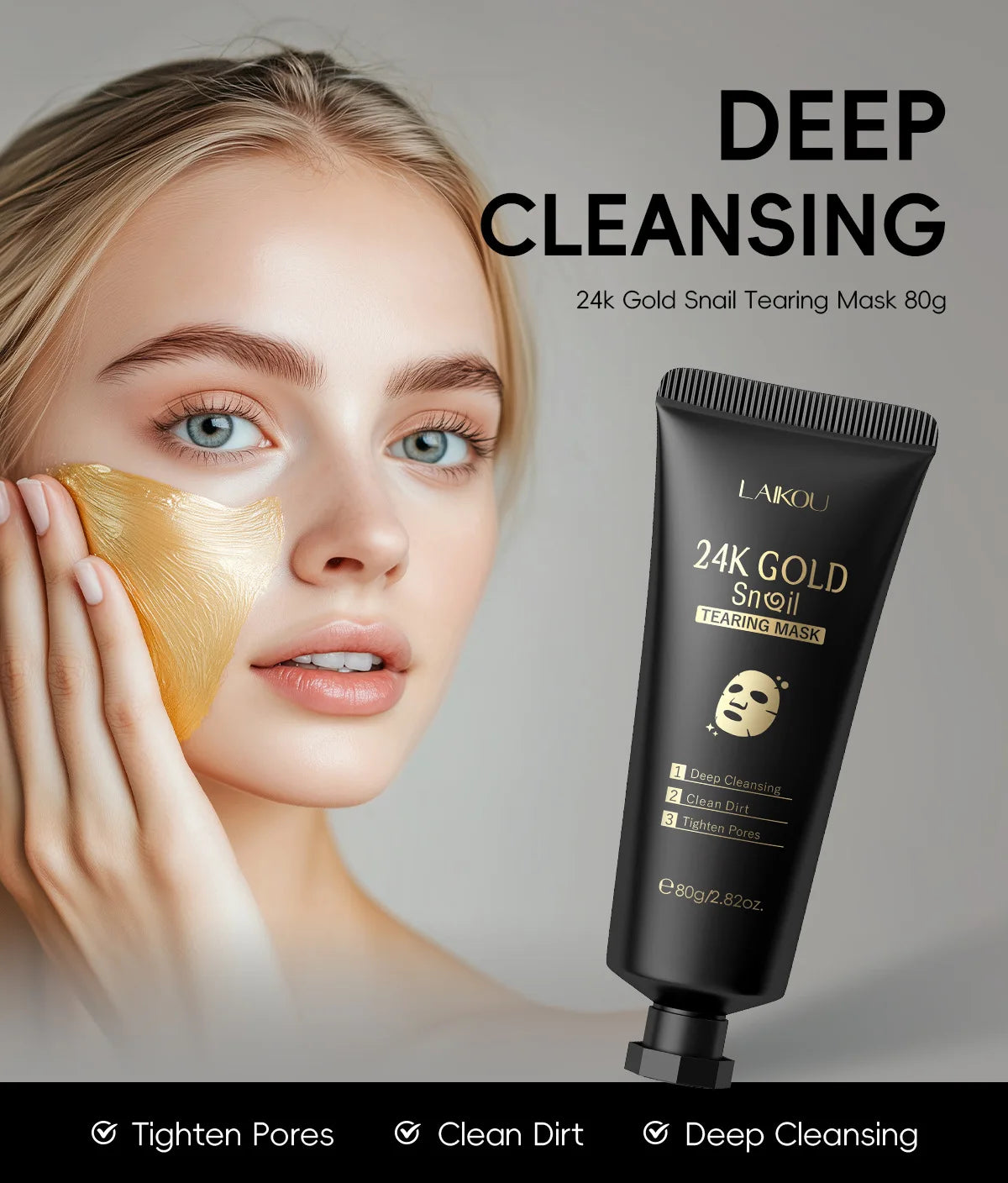 LAIKOU 50/80g 24K Gold Snail Tearing Mask Deep Cleansing Tighten Pores Firming Skin Oil-Control Whitening Moisturizing Skin Care