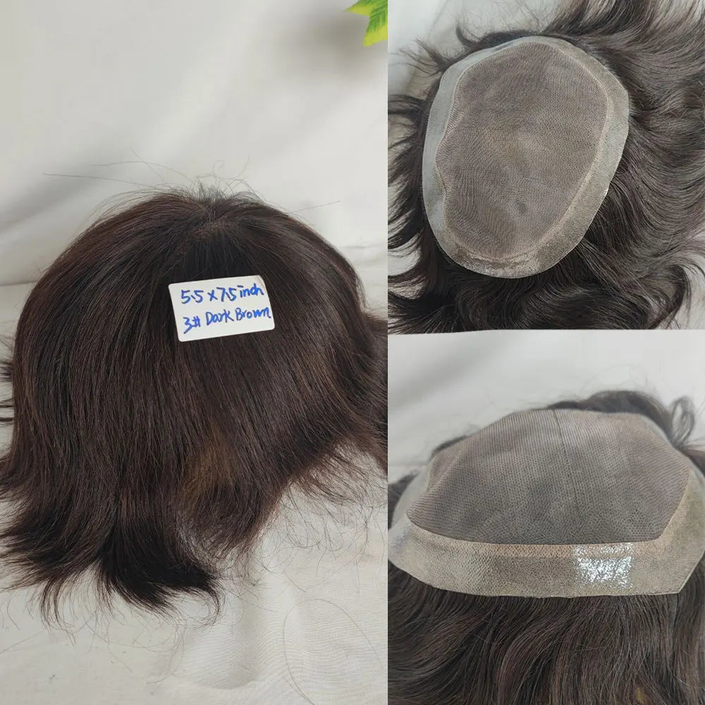 Human Hair Men Toupee Franch Lace Man's Hair Replacement System Wigs Mono Lace Hairpiece With PU Natural Black Color