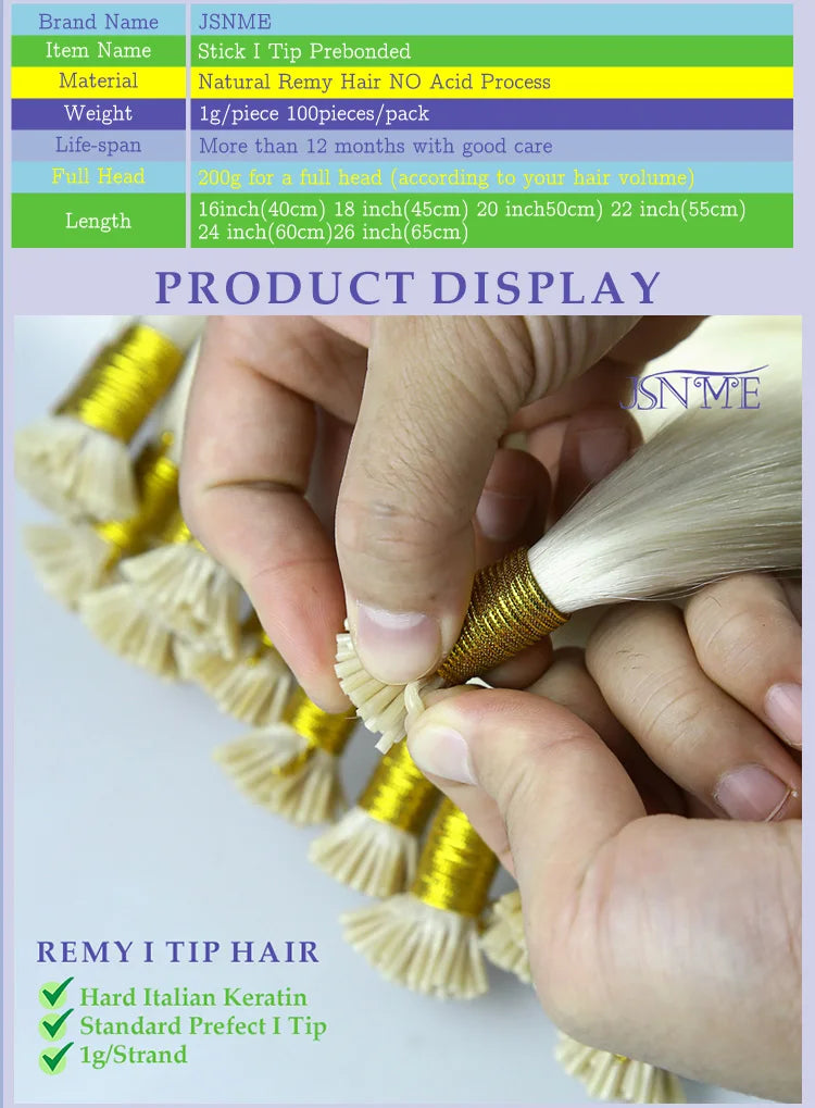 JSNME I Tip Hair Extensions Natural Real Human Fusion Capsule Keratin Hair Extensions Black Brown Blonde 1g/Strand  For Salon