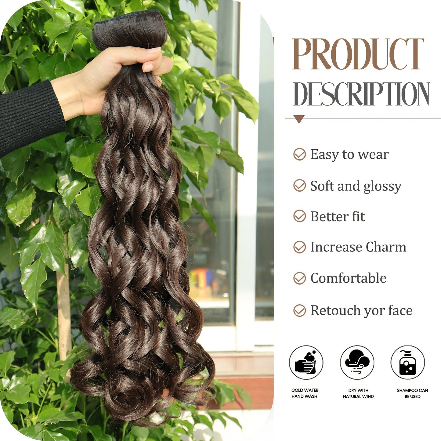 4PCS Clip-In Hair Extensions 20 Inch - Bouncy Wavy Dark Brown Hairpiece