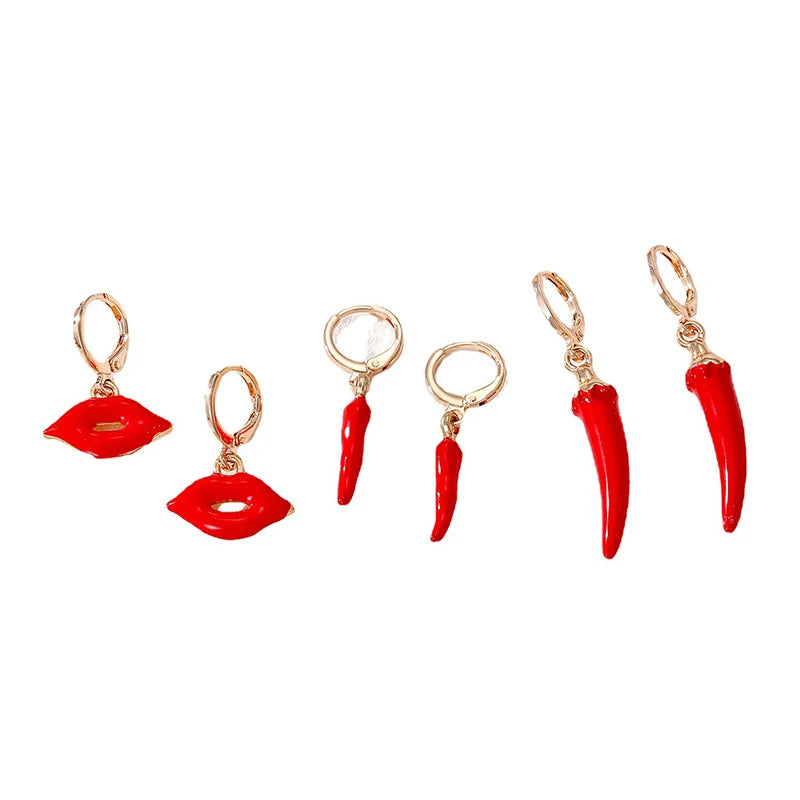 3Pair Sexy Red Lips Hot Pepper Earrings Set For Women Metal Enamel Trendy Creative Chili Mini Circle Hoop Earring Party Jewelry