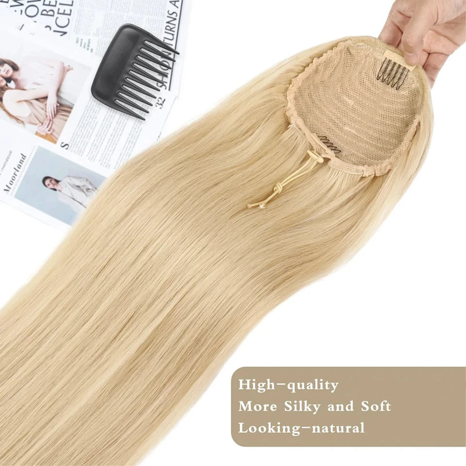 Blonde 613 Straight Drawstring Ponytail Clip In Hair Extensions 12-26Inch 100% Unprocessed Human Hair Extensions 120G For Women