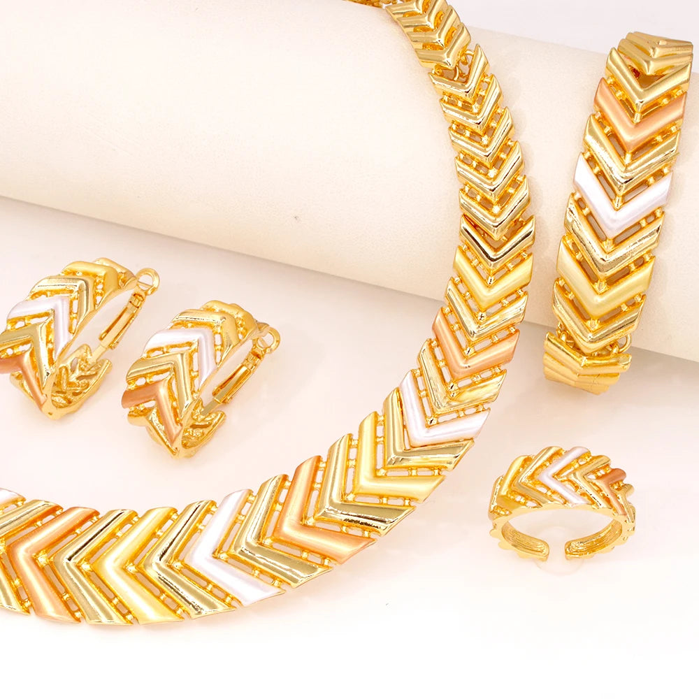 GZJPEI Tricolor Jewelry Set For Nigerian  Bridal Wedding Gift Hight Quality 18K Gold Plated Large Necklace Bracelet Earring Ring