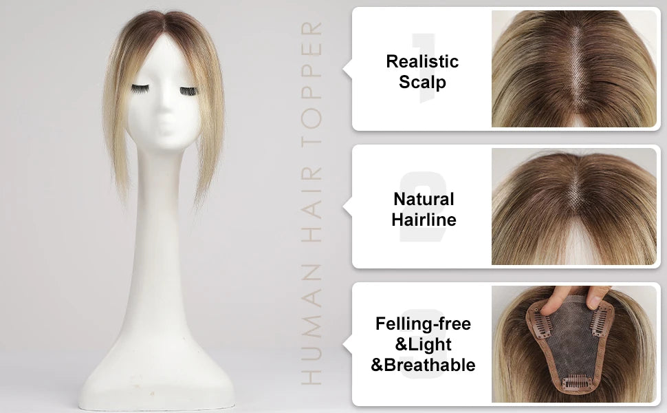 Women Human Hair Toppers Middle Part Ombre Light Brown Blonde Human Toupee Hair Pieces with Thinning Hair Base Clip in Toppers