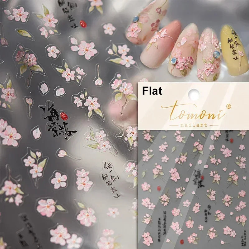 Yellow Autumn Osmanthus Flower Chrysanthemum Butterfly 5D Nail Art Sticker Chinese Character Vase Relief Adhesive Manicure Decal