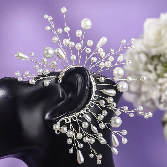 Super Fairy Bridal Earrings Handmade Pearl Rhinestone Ear Clip Forest Flower Ear Bone Clip Design Sense and Temperament Ear Hook