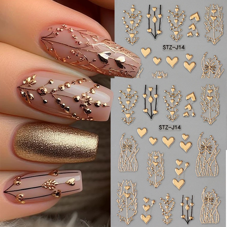 2pcs 3D Bronzing Heart Nail Stickers - Self Adhesive Nail Decals Metallic Heart Designs for Valentine'S Day Manicure Decoration