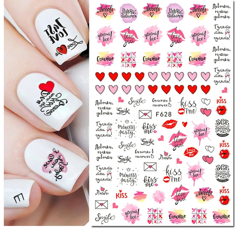 3d Pink Hearts Balloon Valentine Day Love Letters Nail Art Stickers Adhesive Sliders Nail Decals Decoration Manicure Accessories