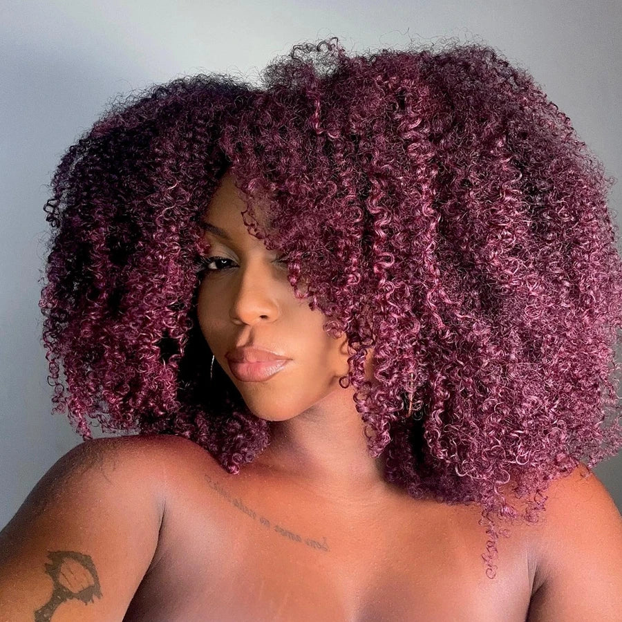 99J Short Afro Kinky Curly Bob with Bangs - Burgundy Glueless Human Hair