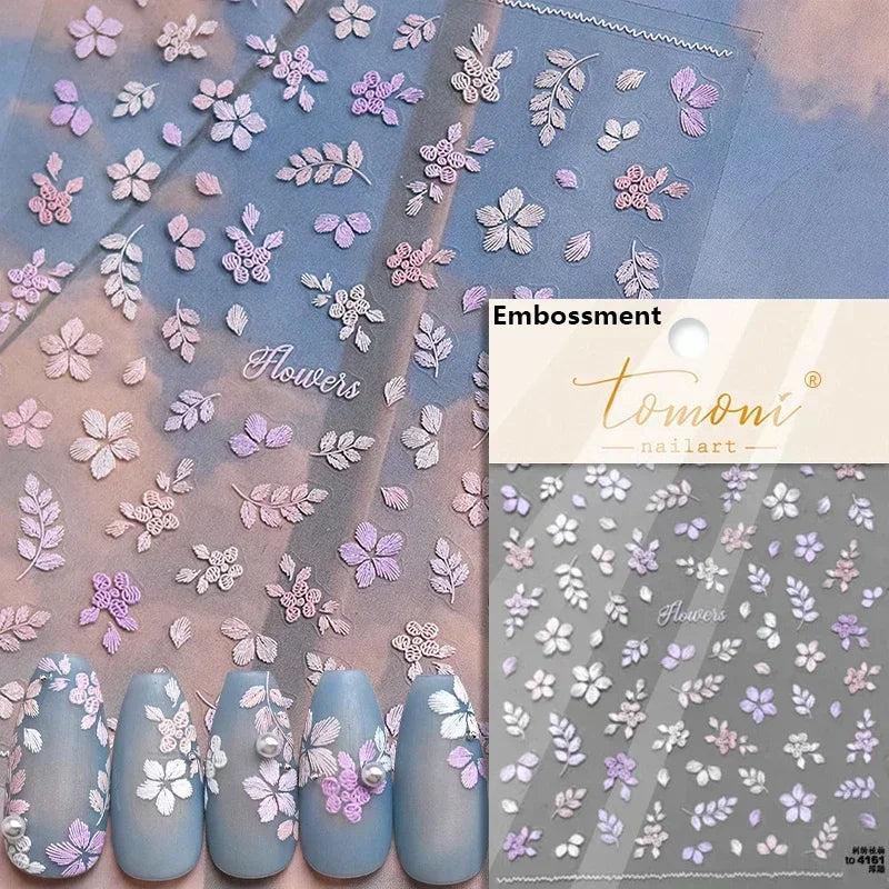 Yellow Autumn Osmanthus Flower Chrysanthemum Butterfly 5D Nail Art Sticker Chinese Character Vase Relief Adhesive Manicure Decal