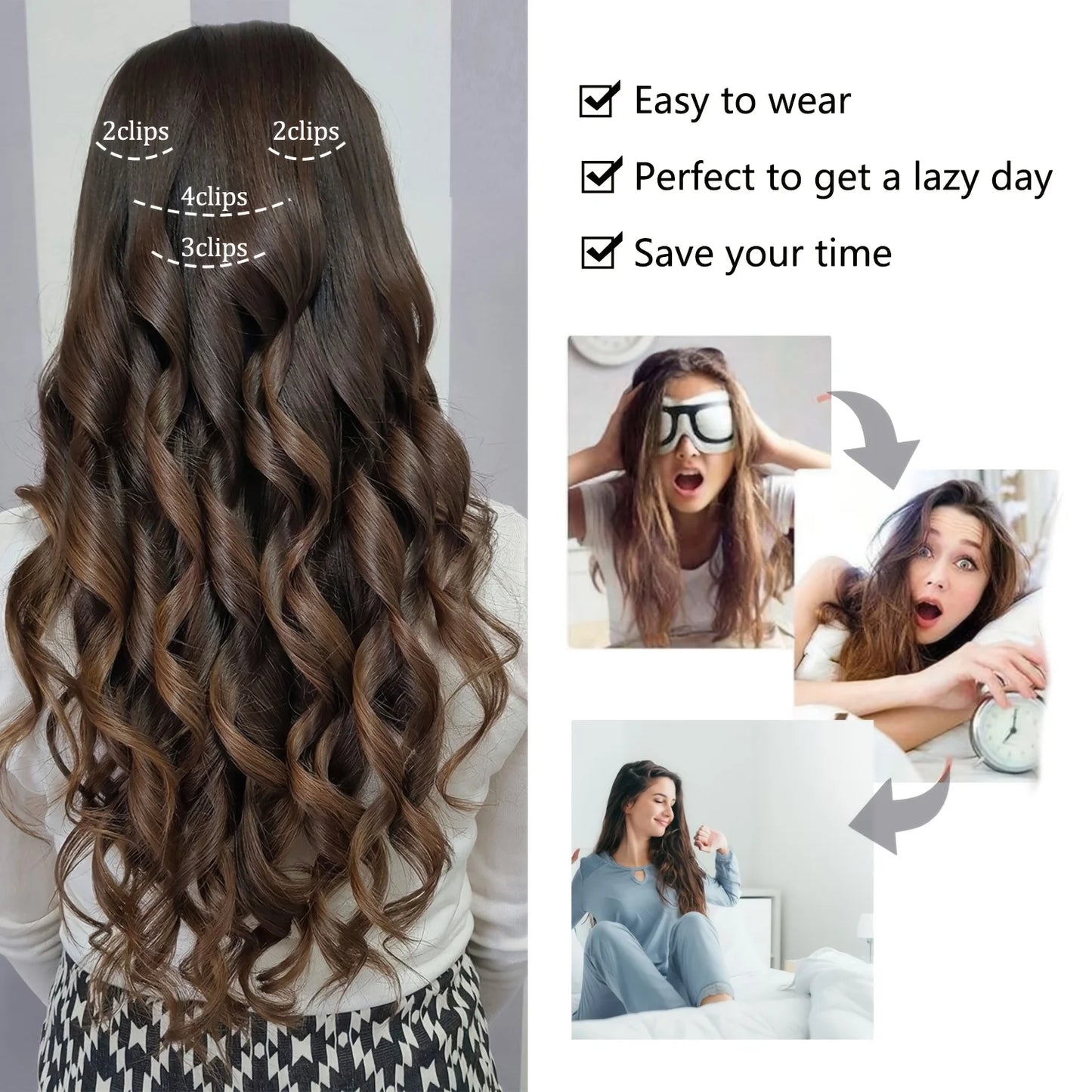 4PCS Clip-In Hair Extensions 20 Inch - Bouncy Wavy Dark Brown Hairpiece