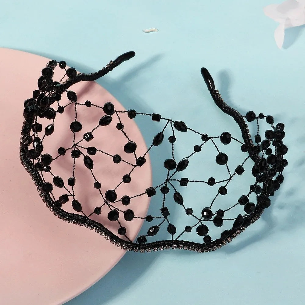 Handmade Crystal Beads Hair Net Crown Wedding Headpieces Hair Jewelry Sparkling Rhinestone Tiara Hair Hoop Elegant Headbands