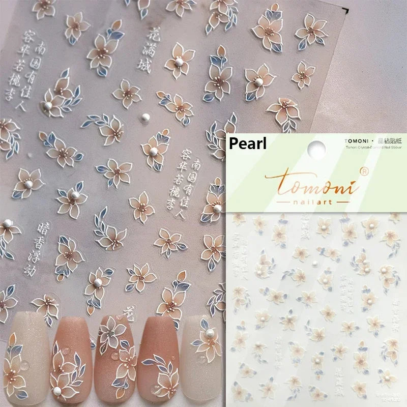 Yellow Autumn Osmanthus Flower Chrysanthemum Butterfly 5D Nail Art Sticker Chinese Character Vase Relief Adhesive Manicure Decal