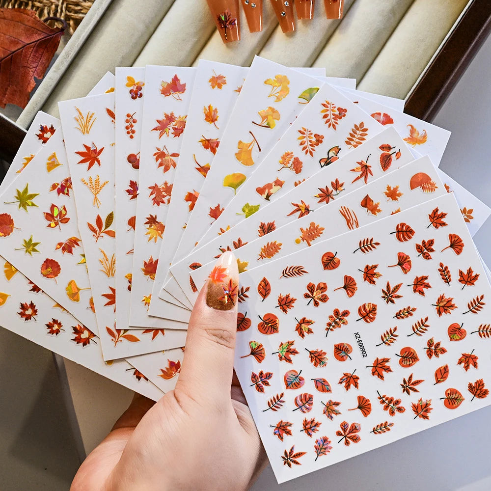 12Pcs Fall Maple Leaf Nail Decals Holographic Laser Maple Leaves Nail Art Sticker Self-Adhesive Thanksgiving Day Nail Decoration