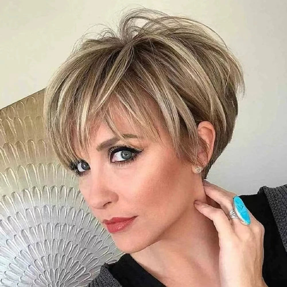 Short Synthetic Wig for Women Mixed Brown And Blonde Hair with Bangs Easy Care Non-Damaging Hairpiece