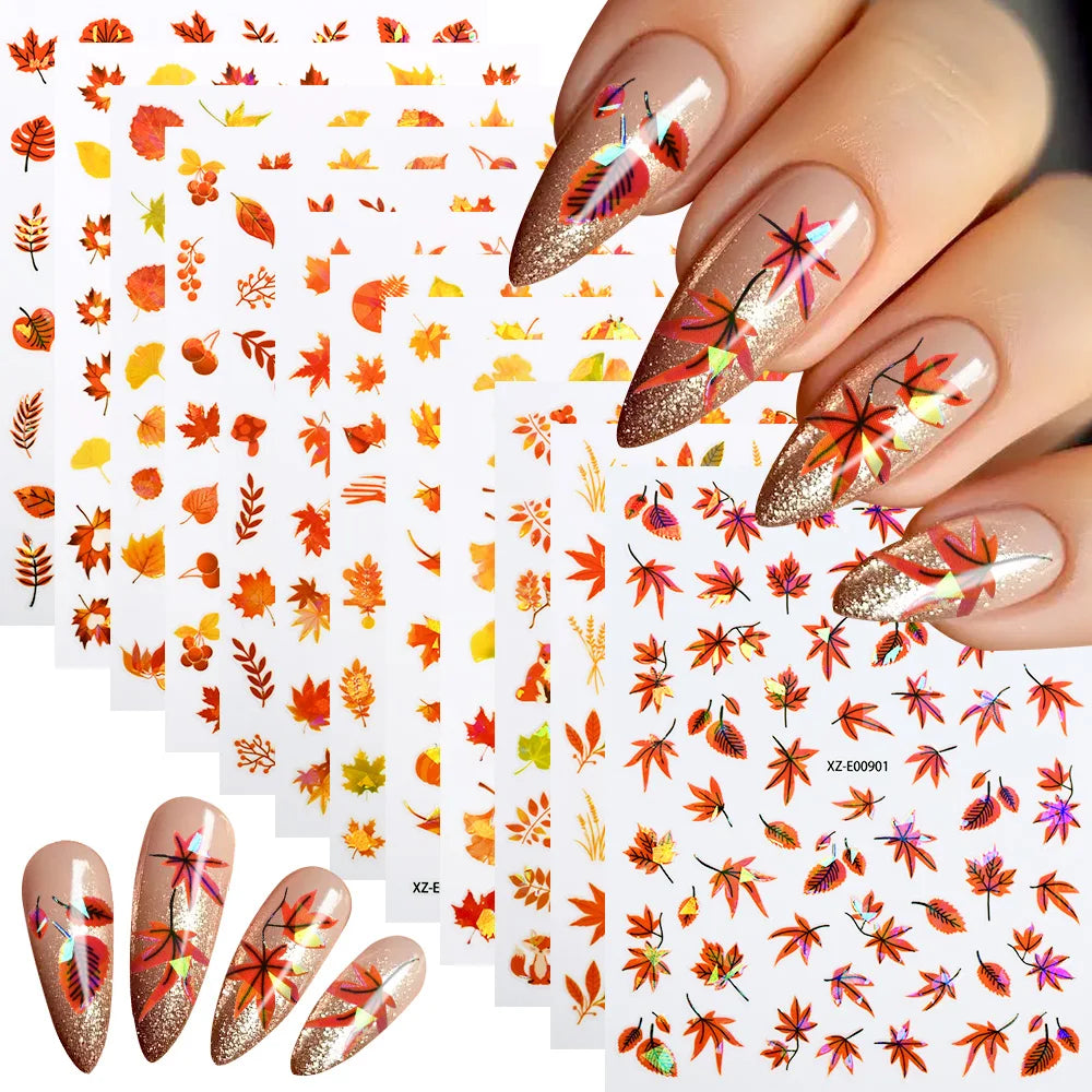 12Pcs Fall Maple Leaf Nail Decals Holographic Laser Maple Leaves Nail Art Sticker Self-Adhesive Thanksgiving Day Nail Decoration