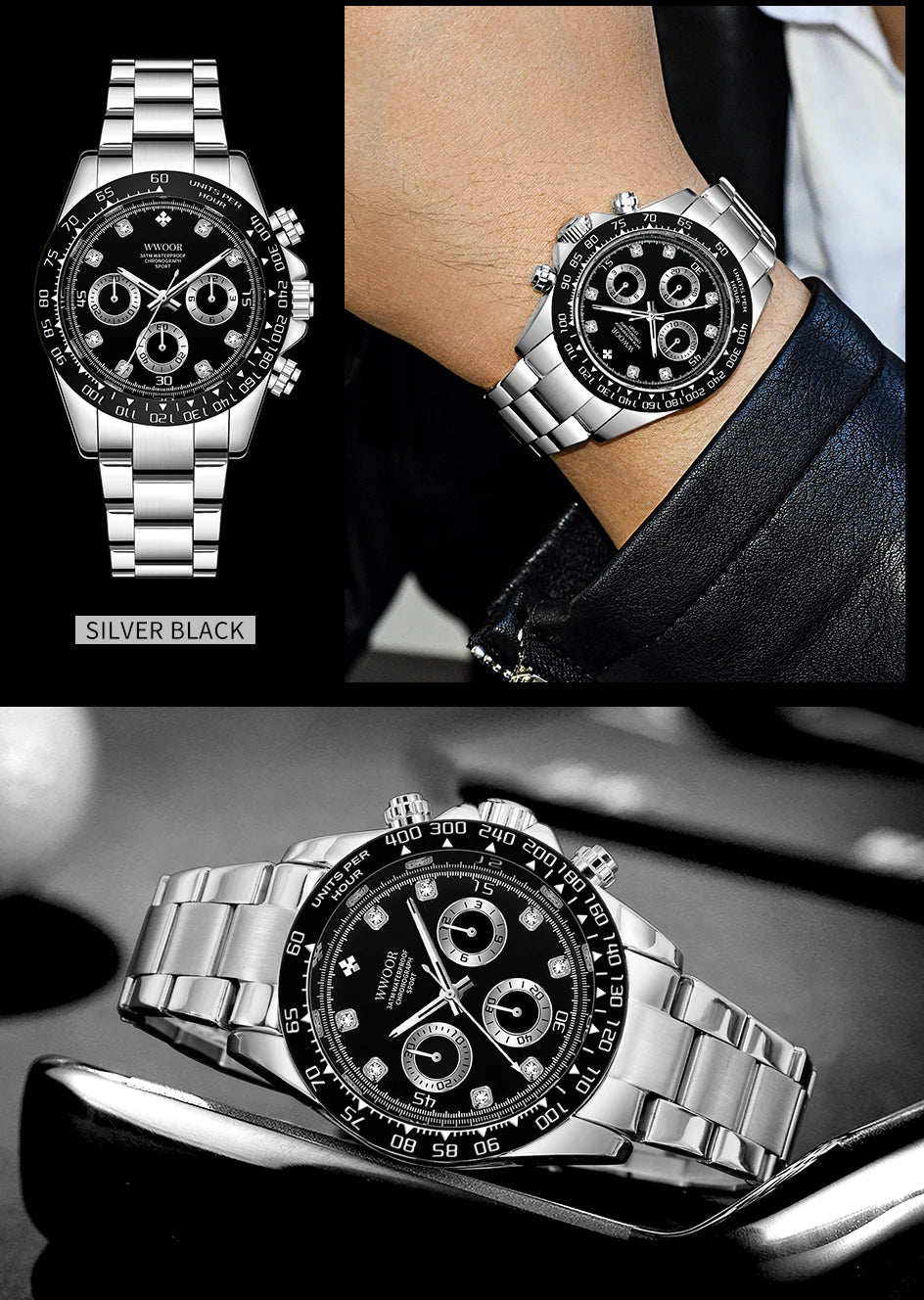 WWOOR 2024 New Mens Watches Top Brand Quartz Japanese Chronograph Stopwatch Waterproof Stainless Wristwatches Relogio Masculino