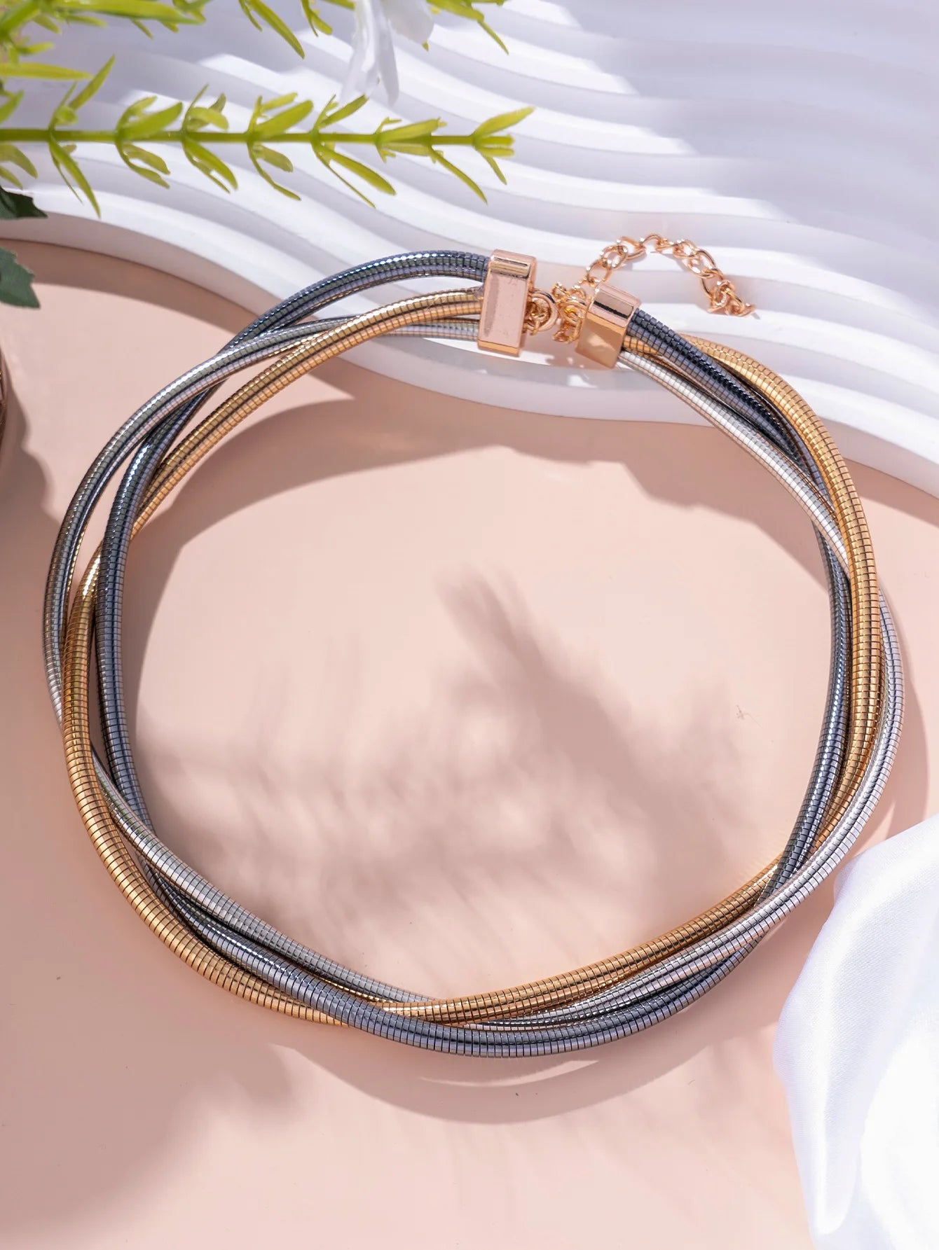 Minar Punk Twisted Three Layers Snake Chain Necklace for Women Man Unisex 18K Gold Silver Mix Color Metal Herringbone Chokers