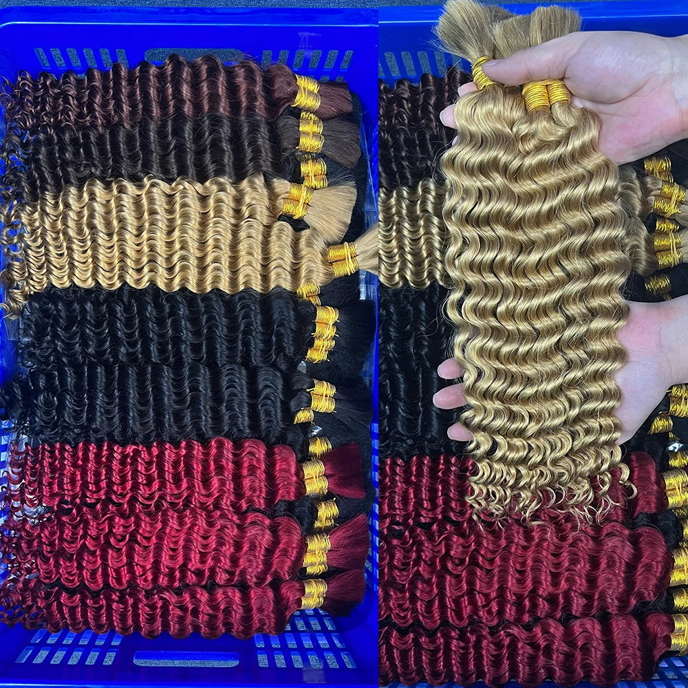 Blonde Human Braiding Hair for Boho Braids Highlights No Weft Virgin Brazilian Curly Deep Wave Bulk Hair Extensions for Braiding