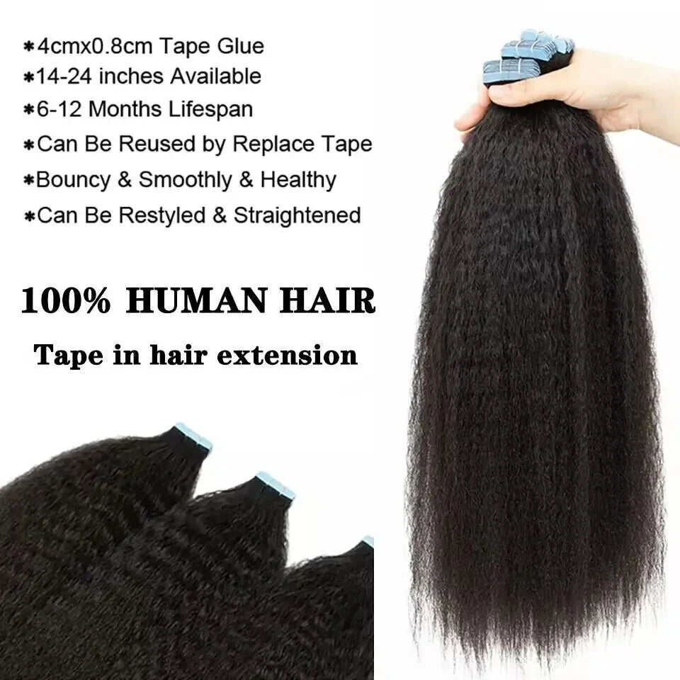 20/40/60pcs Kinky Straight Tape In Hair Extensions Adhesive Invisible Tape In Human Hair Extensions Yaki Straight Brazilian Hair