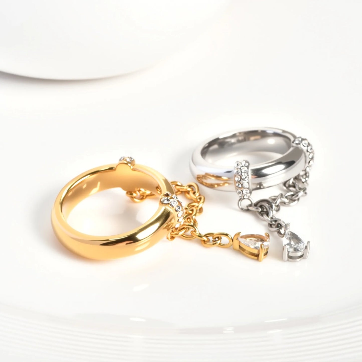 Stainless Steel 18k Gold Plated Tassel Drop Zircon Pendant Cz Stone Rings for Women Boho Luxury Tarnish Free Waterproof Jewelry